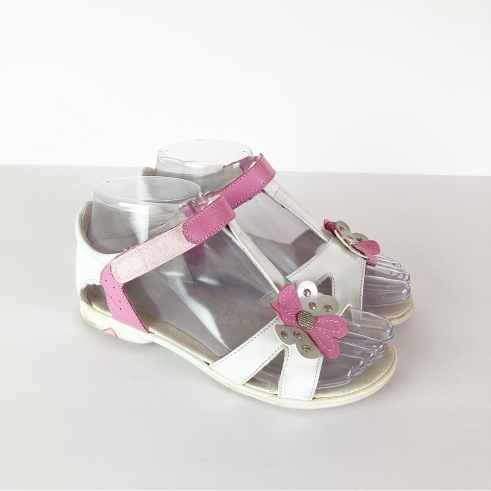 Sandals Leather Hoop and Loop Closer Flower Embellished White Pink Girl Size 3